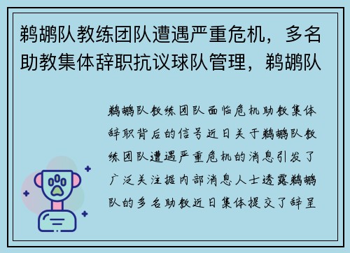 鹈鹕队教练团队遭遇严重危机，多名助教集体辞职抗议球队管理，鹈鹕队队员