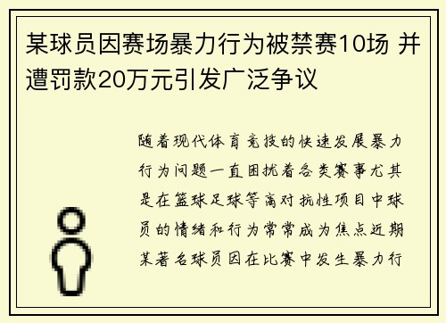某球员因赛场暴力行为被禁赛10场 并遭罚款20万元引发广泛争议